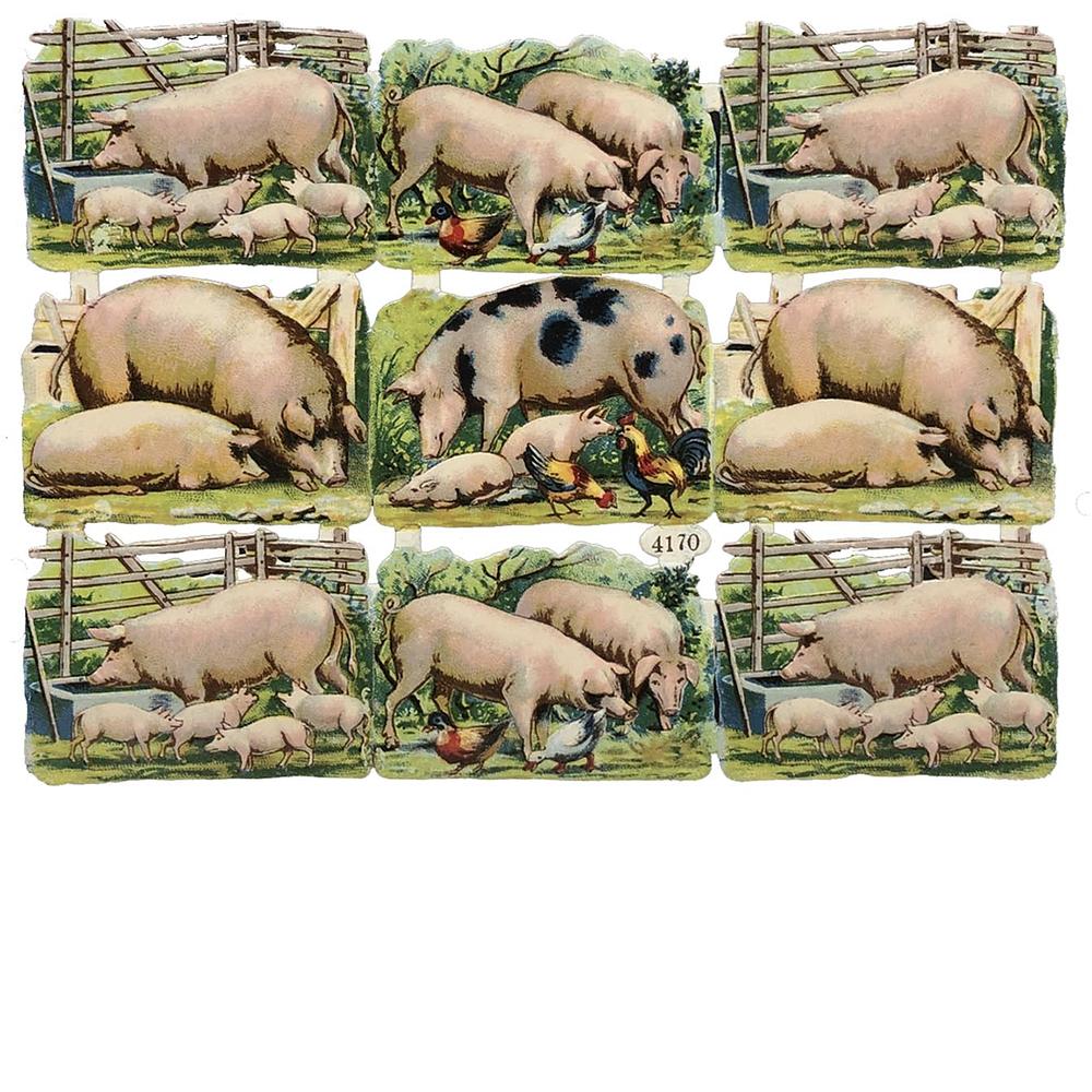 4170 pigs Victorian Die Cut Many Animals Scraps Glued on Paper Double Sided Pigs Dogs L10  eBay.jpg